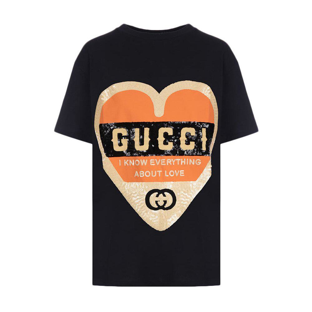 GUCCI 古驰/女士亮片爱心图案棉质短袖T恤492347