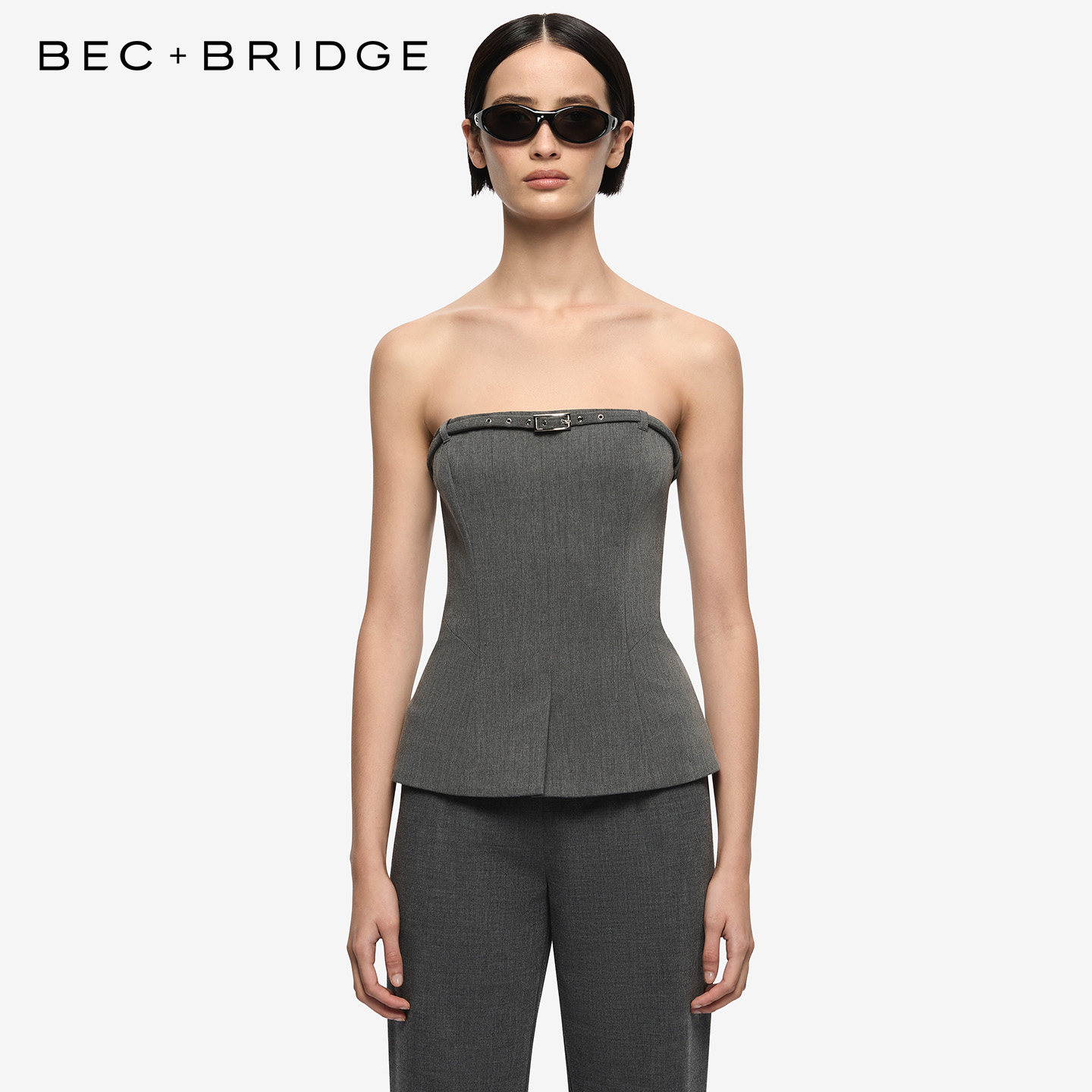 BECBRIDGE 抹胸立体拼接开衩调节扣带拉链西装混纺上衣 W26-22134