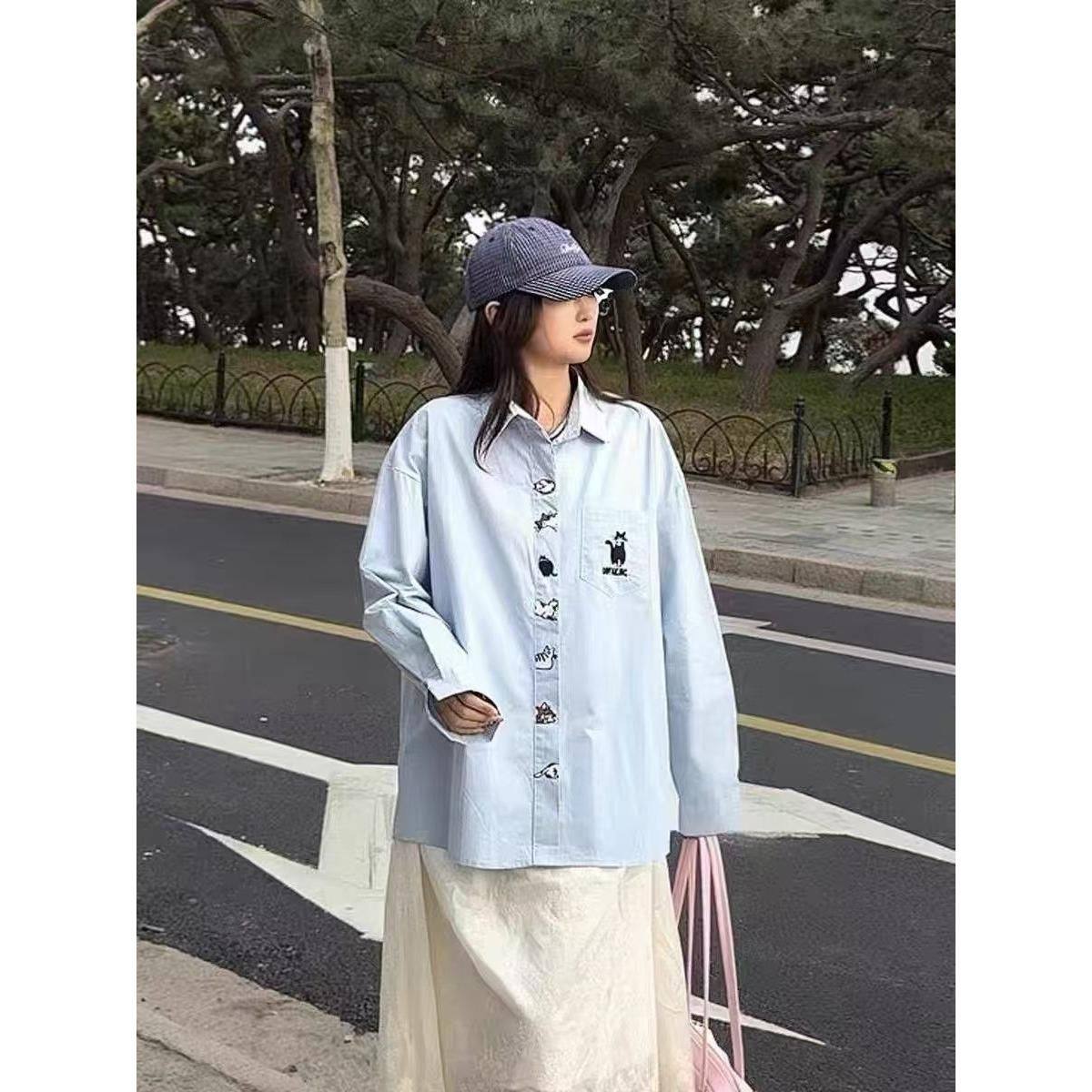 2025年新款夏季日系复古学院风猫咪刺绣长袖衬衫上衣男女衬衣外套,女装/女士精品,衬衫,淘宝优惠券,粉丝福利购,淘宝优惠卷