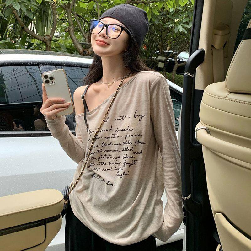 广州质量露肩吊带长袖T恤女夏薄款字母宽松防晒罩衫打底小衫上衣,女装/女士精品,T恤,淘宝优惠券,粉丝福利购,淘宝优惠卷