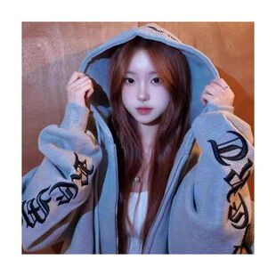 美式复古风十字架刺绣外套女春秋情侣小众高街华夫格开衫卫衣