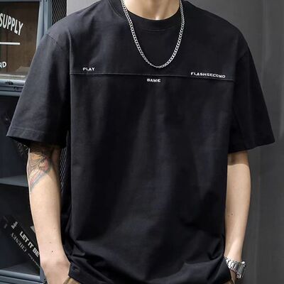 重磅春秋短袖拼接T恤衣服美式夏季新款潮牌体恤刺绣宽松男士半袖