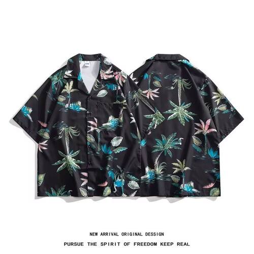 夏季短袖衬衫男士复古巴领潮牌满印宽松休闲情侣衬衣百搭外套痞帅