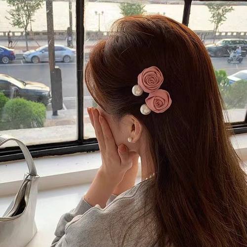 小众法式blackpink少女花玫瑰朵发饰 设计款级感缎面氛围感头绳