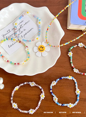 新款彩色糖果色系串珠手链项链甜美可爱少女水晶花朵手链百搭饰品