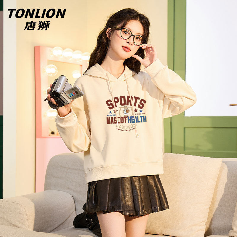 唐狮杏色连帽卫衣女春秋款2026新款小个子美式复古休闲短款上衣V