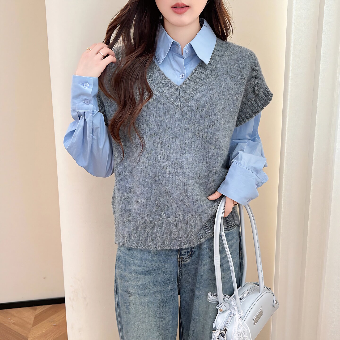 唐狮秋冬新款V领针织衫女毛衣背心灰色马甲毛线坎肩上衣ydTD