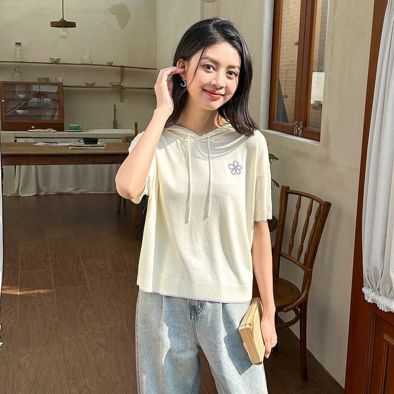 唐狮夏季连帽针织衫别致休闲短袖