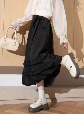 唐狮秋冬女花边花苞半身裙女冬季高级感小个子显瘦黑色裙子女TD