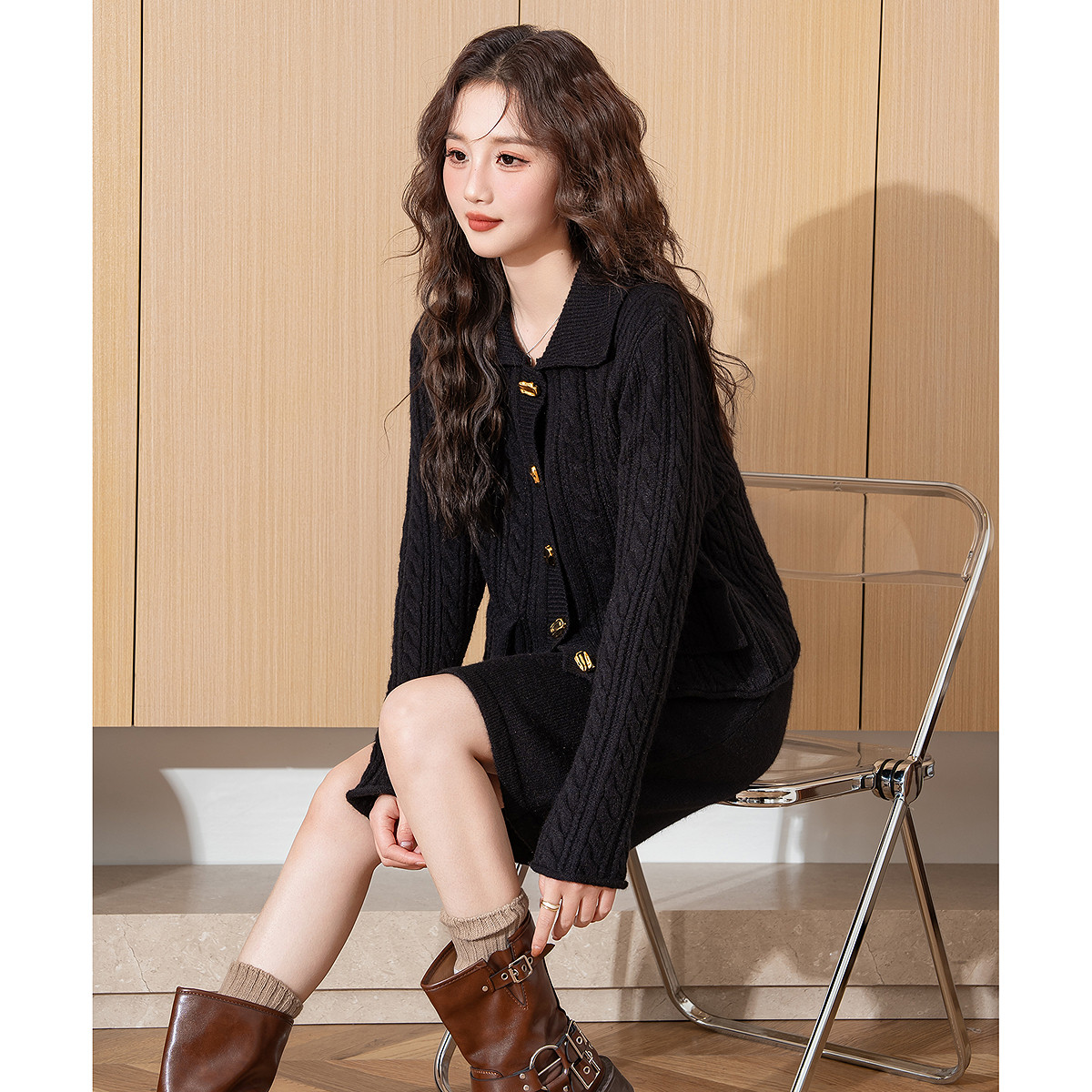 唐狮小香风套装女春装新款毛衣外套半身裙套装气质黑色两件套TD,女装/女士精品,时尚套装,淘宝优惠券,粉丝福利购,淘宝优惠卷