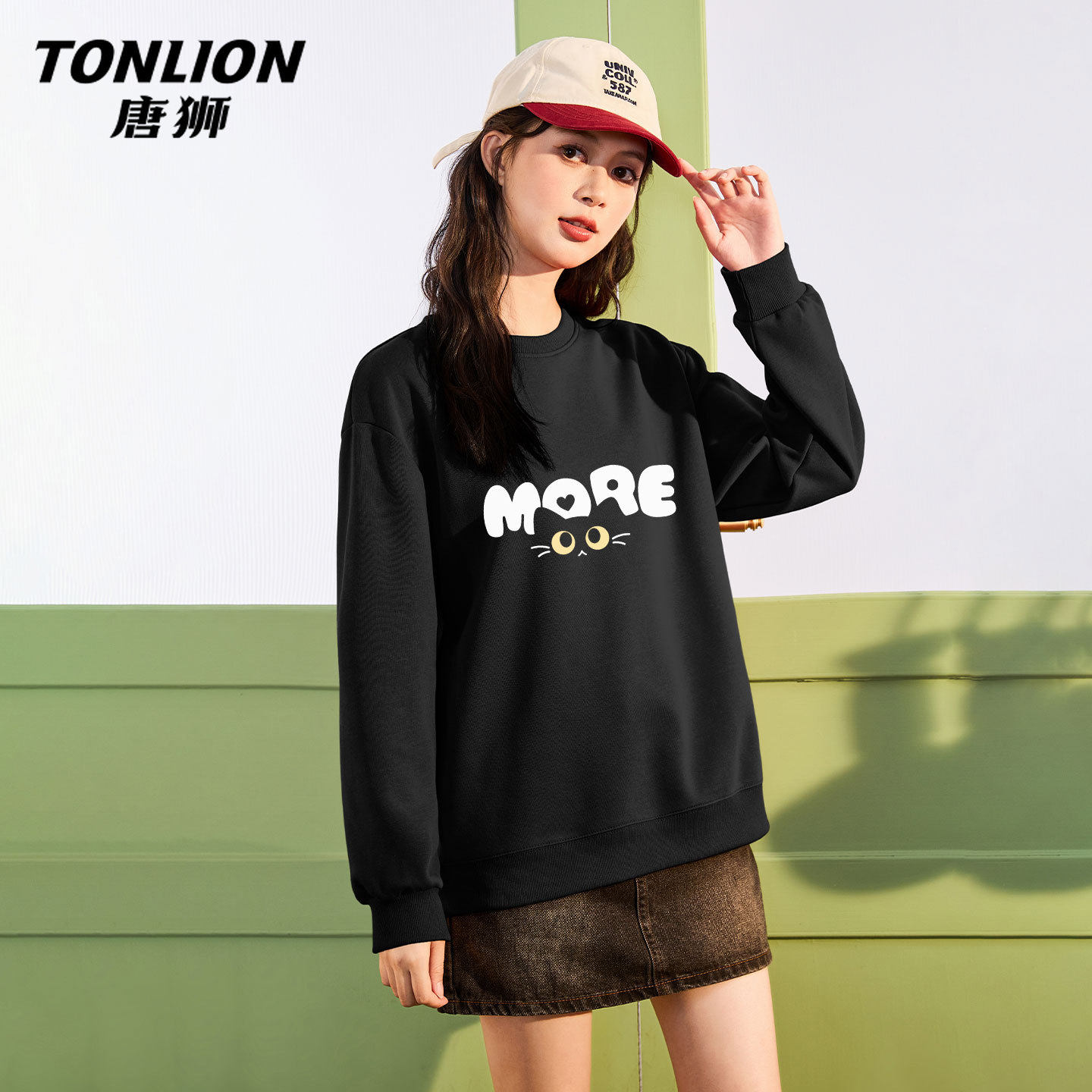 唐狮黑色圆领卫衣女春秋款2026新款秋冬季重磅内搭无帽套头上衣V