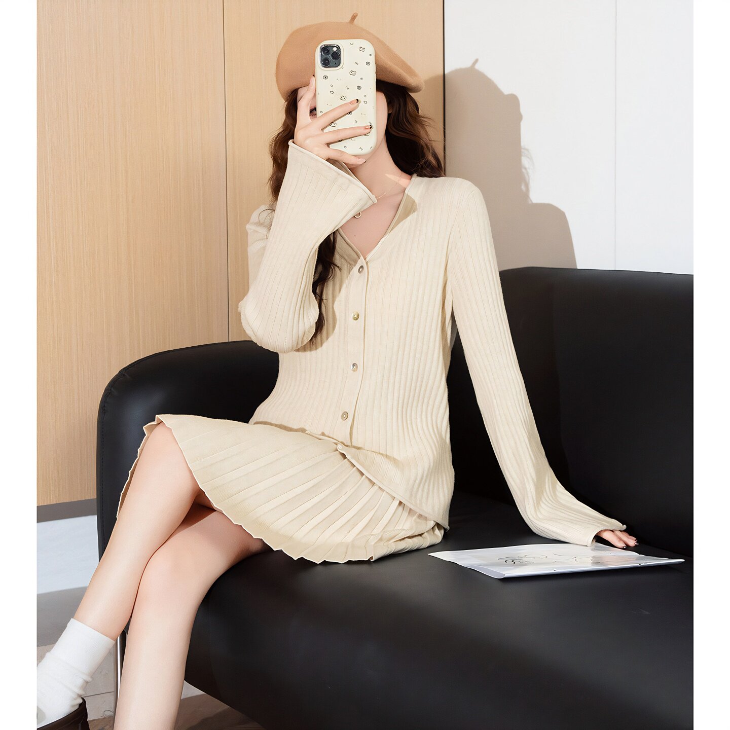 唐狮小香风套装女春装新款毛衣外套半身裙套装气质黑色两件套TD