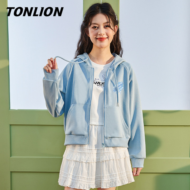 唐狮蓝色短款开春外套女春秋款休闲连帽开衫上衣早秋小个子穿搭VB