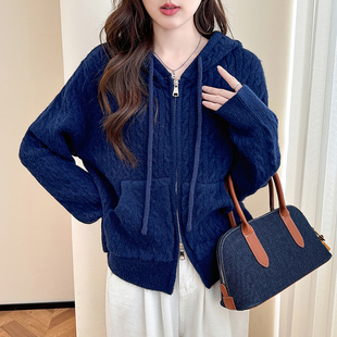 唐狮秋冬外套女简约绞花连帽针织开衫 春秋高级感减龄显瘦女装