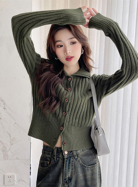 唐狮秋冬季女毛衣显瘦翻领小开衫短款简约高级修身显身材tu