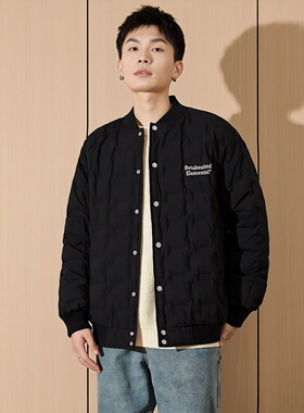 唐狮冬季新款羽绒服男轻薄棒球领黑色短款夹克韩版外套上衣潮TD