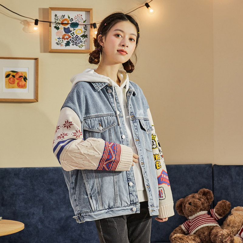 唐狮新款秋装牛仔女士短外套史努比IP拼接宽松夹克休闲学院风上衣