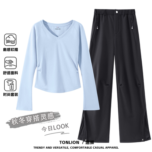 唐狮2026年秋冬女V领长袖磨毛打底搭配开叉软壳登山裤时尚套装VS