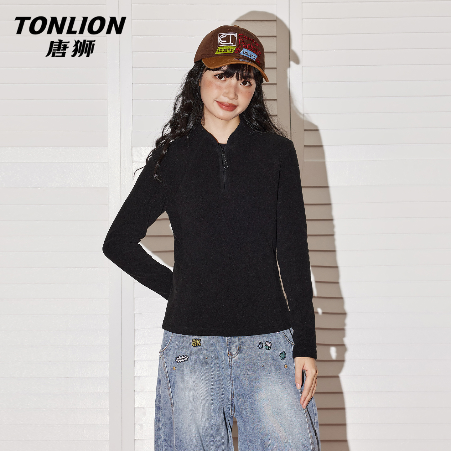 唐狮抓绒半开领拉链卫衣女冬季