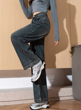 唐狮夏季新款牛仔裤女复古褶裥阔腿时尚百搭宽松牛仔裤子女WTD