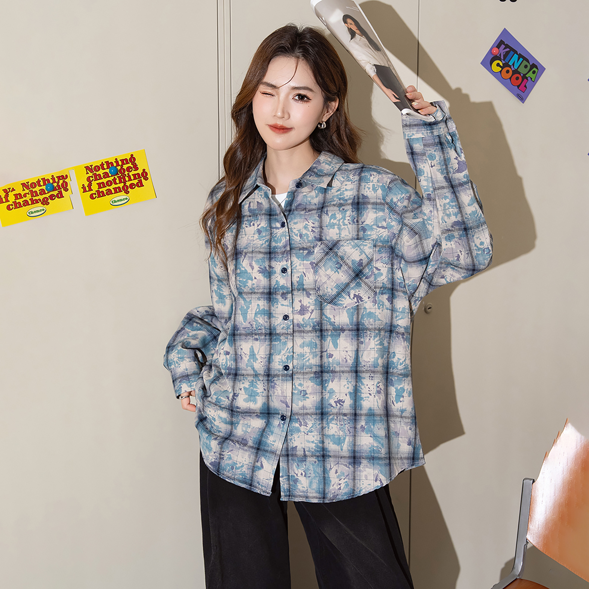 唐狮新款长袖衬衫女蓝色格子扎染