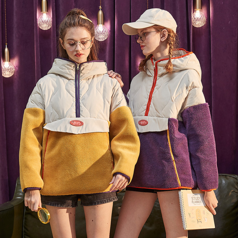 唐狮 冬季新款羽绒服仿女羊羔绒拼接厚外套连帽卫衣ins潮学生