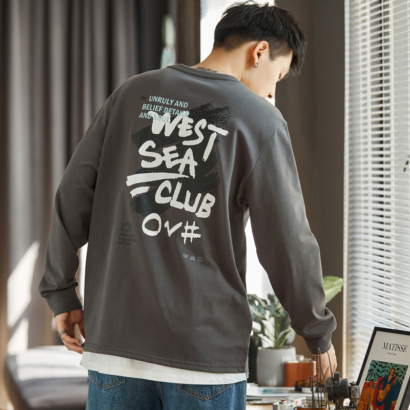 唐狮纯棉长袖t恤男春秋新款后背印花潮休闲t恤ins风设计感打底衫