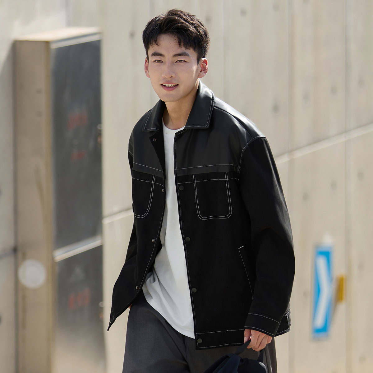 唐狮秋冬男衬衫领异材质拼接撞色外套衬衣男士秋冬衬衫长袖TMTA