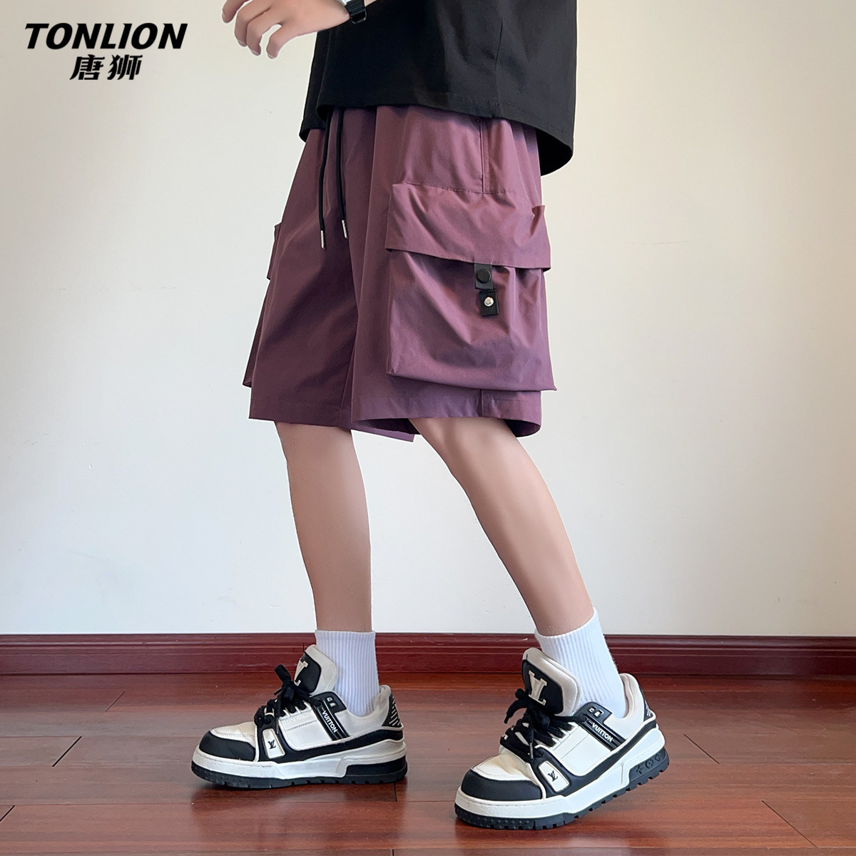 唐狮春夏季休闲裤新款短裤工装风多口袋薄款机能五分裤紫色男款