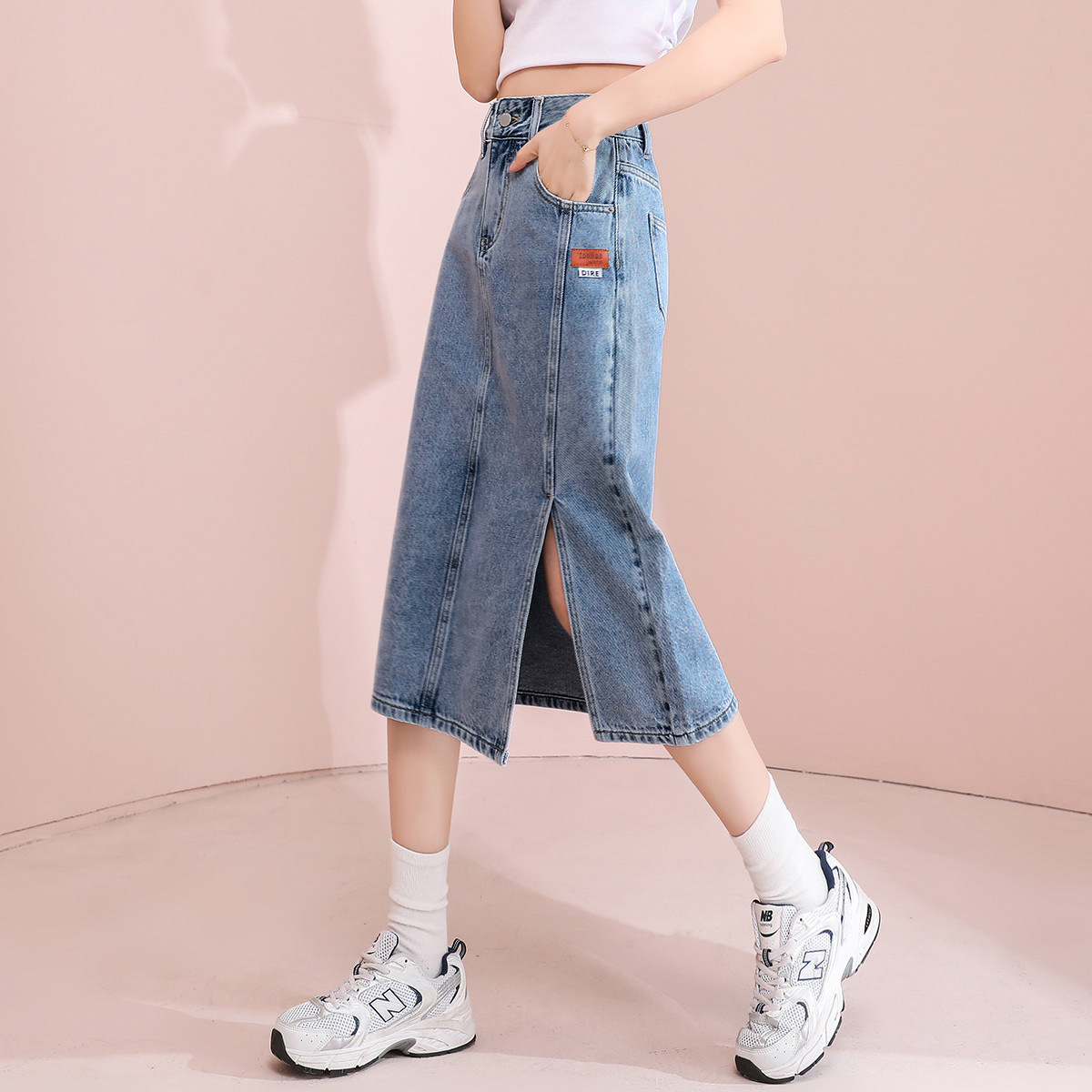 唐狮牛仔半身裙女高腰显瘦春秋新款中长款开叉百搭包臀a字裙