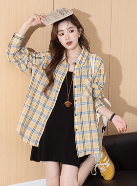 唐狮新款长袖衬衫女黄色格子撞色翻领气质百搭休闲上衣blTM