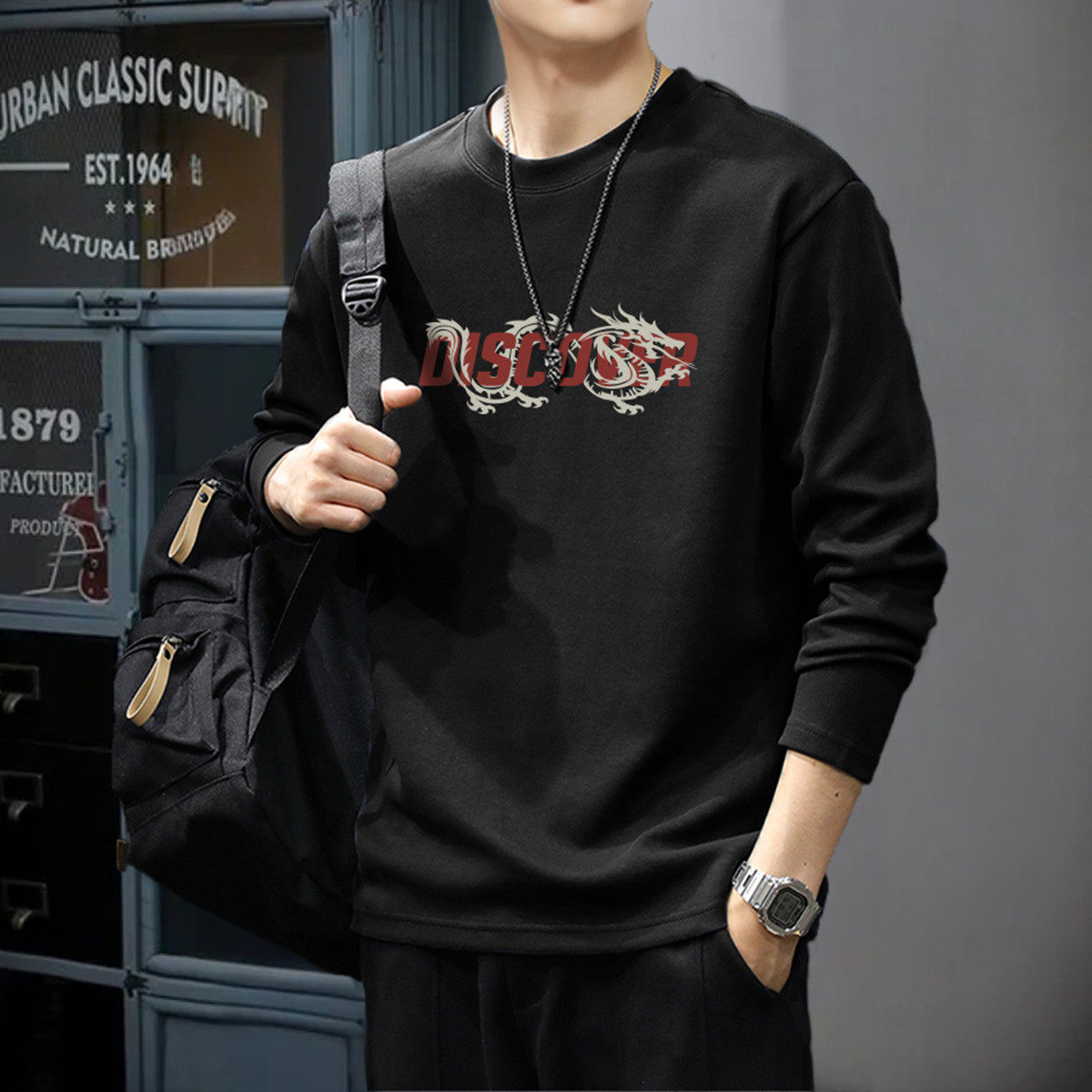 唐狮春秋男长袖t恤潮牌印花T恤纯棉港风帅气上衣运动风男士深灰TE