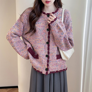 唐狮秋冬季女毛衣小香风撞色设计花纱圆领开衫红色费尔岛外套TD