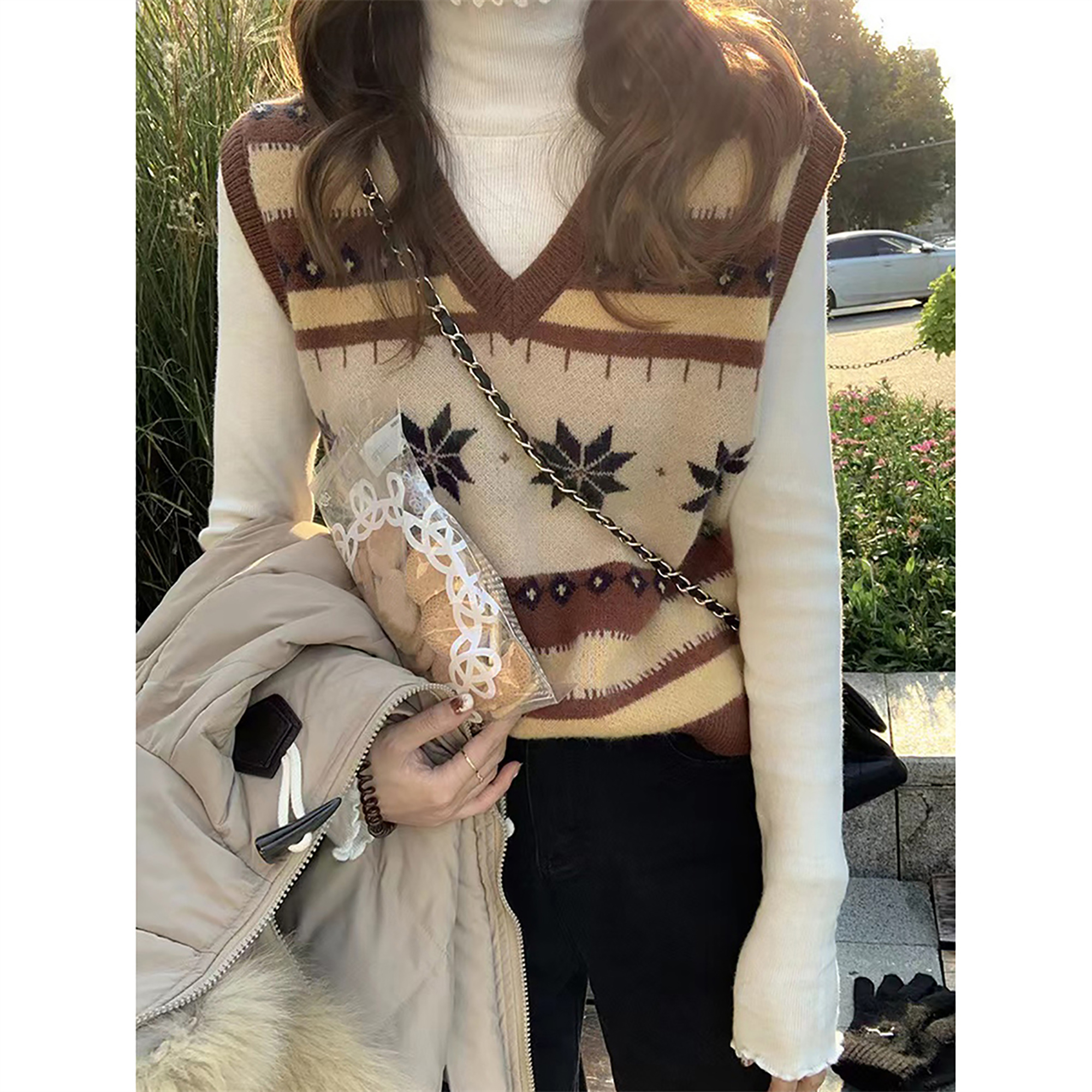 唐狮秋冬毛衣女复古几何V领套头