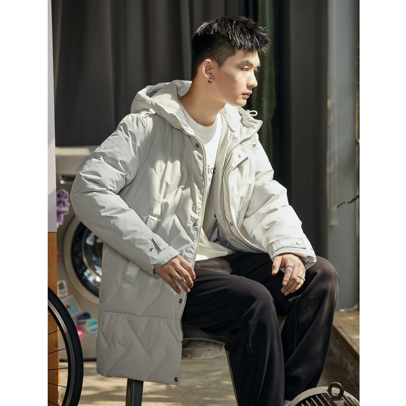 唐狮男中长款连帽净色羽绒服冬装新加厚防寒衔缝休闲口袋羽绒外套