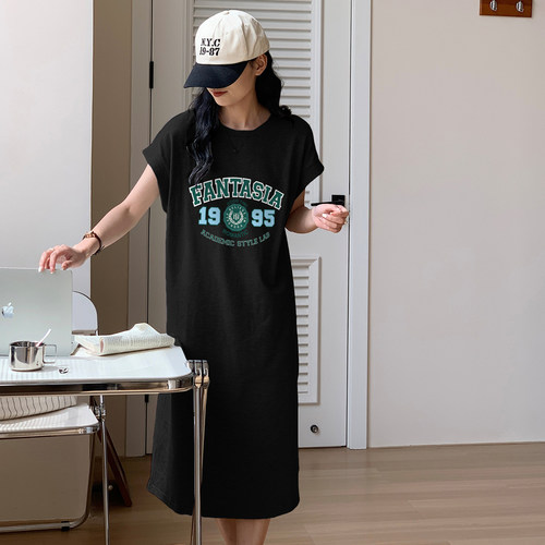 唐狮长款短袖T恤连衣裙新款女夏