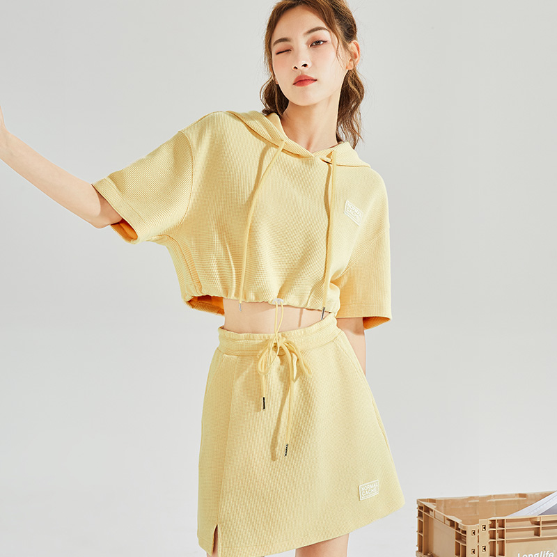 唐狮休闲时尚套装连帽短袖卫衣半身裙华夫格套装女夏款圆领假两件