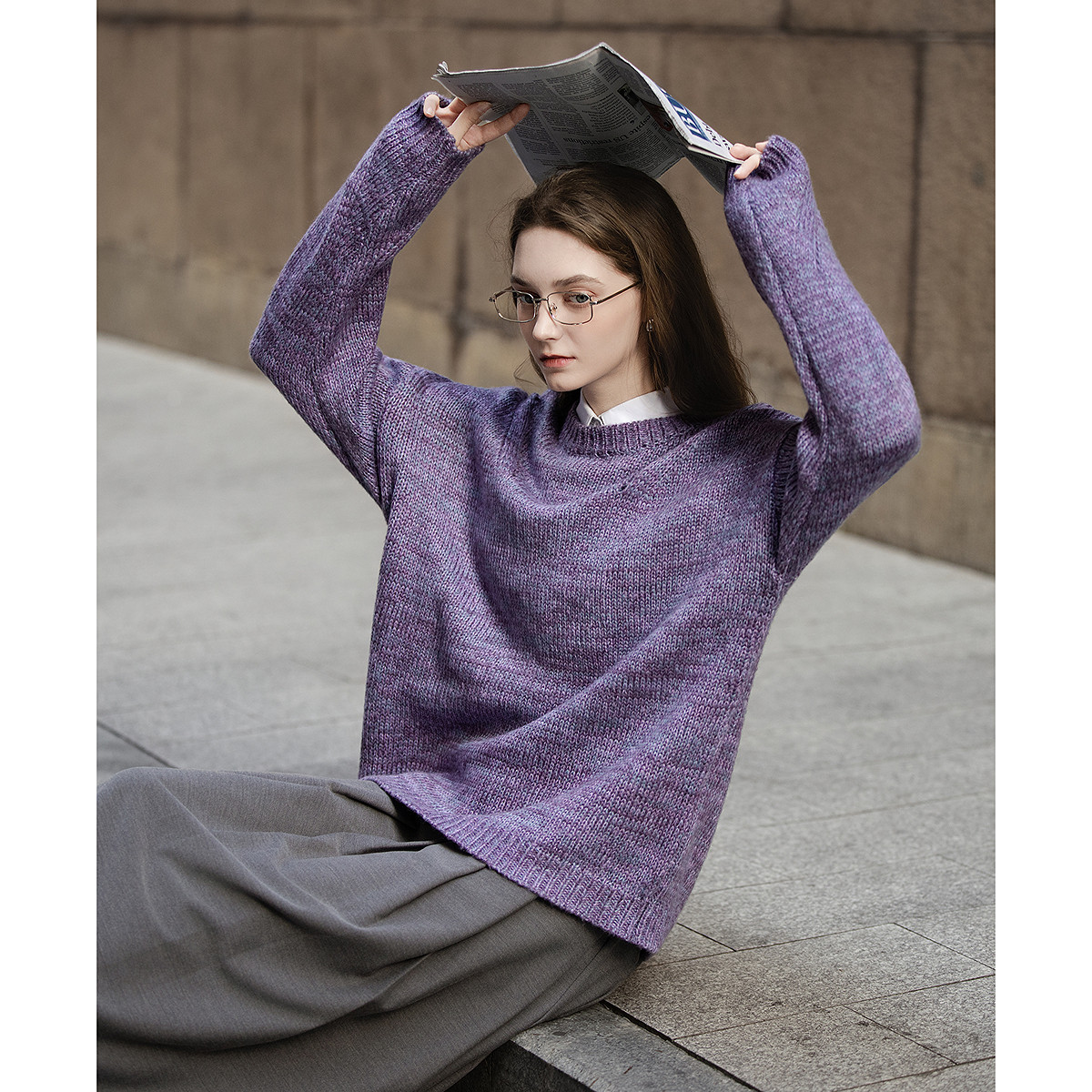 唐狮秋冬季毛衣女圆领净色紫色复古超好看花纱气质时尚毛线衫tuTA