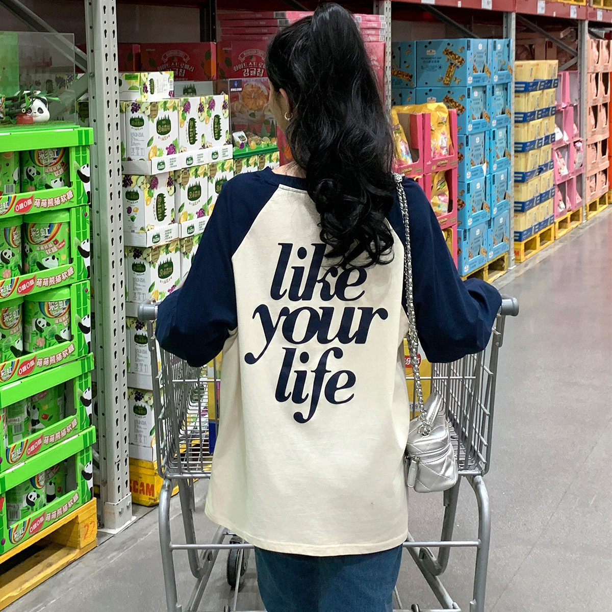 唐狮新款春秋长袖T恤女圆领插肩袖美式复古休闲百搭今年流行TE