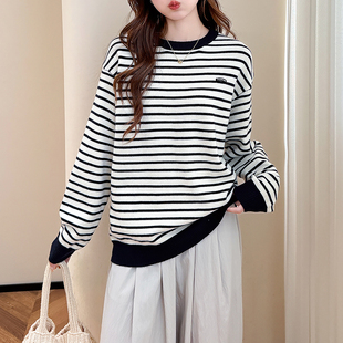 唐狮秋冬毛衣女休闲减龄条纹圆领套头春秋可外穿百搭上衣女装
