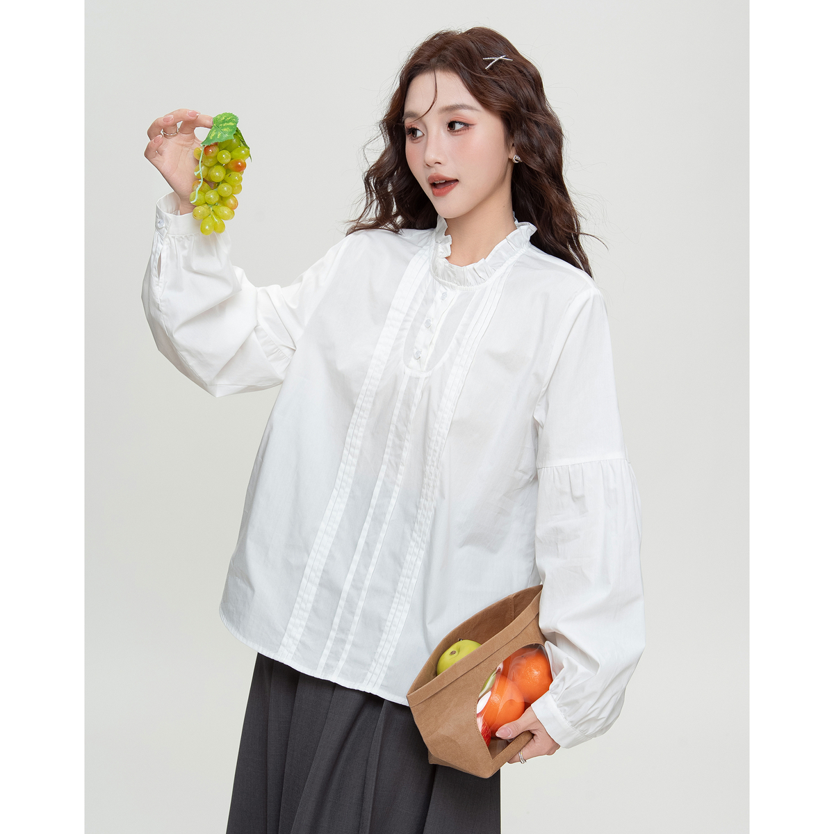 唐狮秋冬新款长袖衬衫女前皱褶领