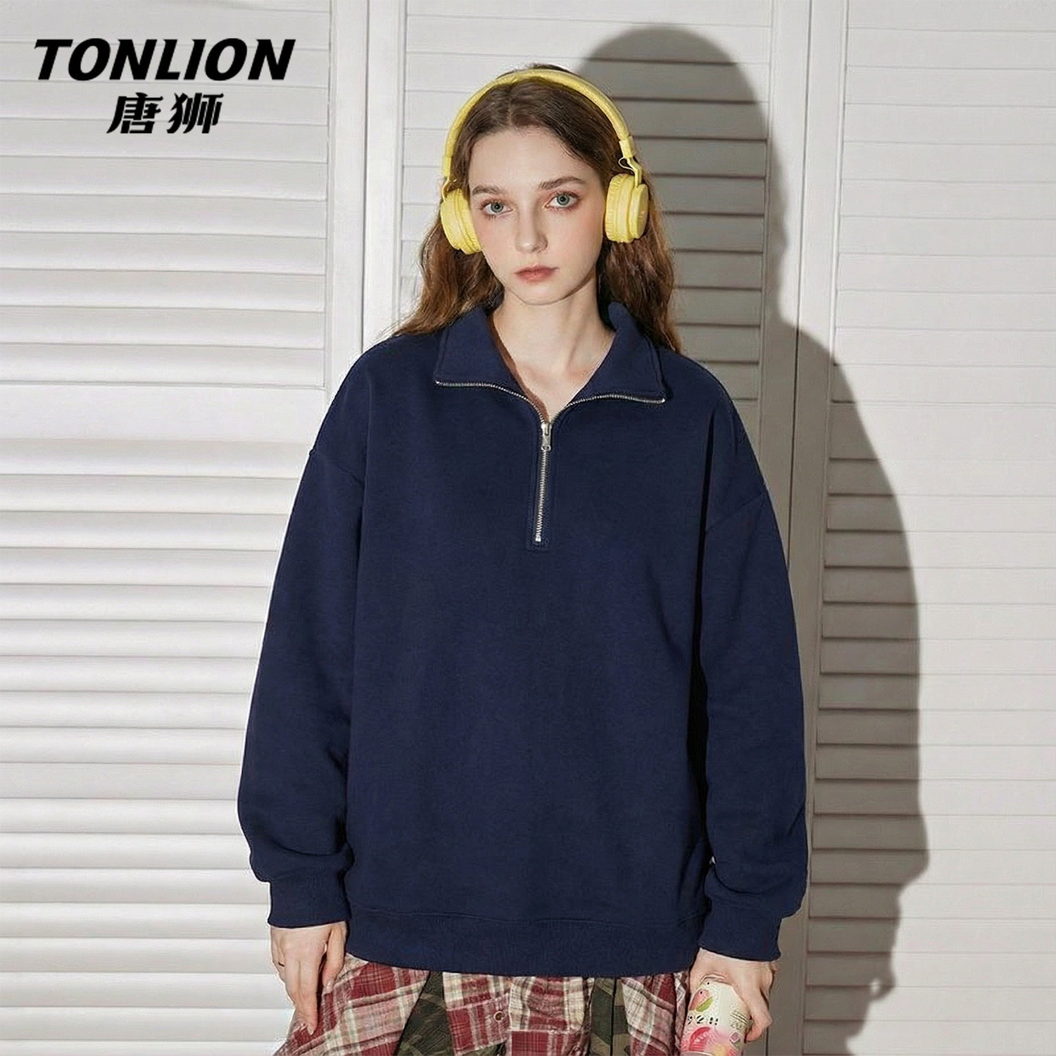 唐狮官方黑色半拉链卫衣外套女春秋款2026新款女款宽松翻领上衣V