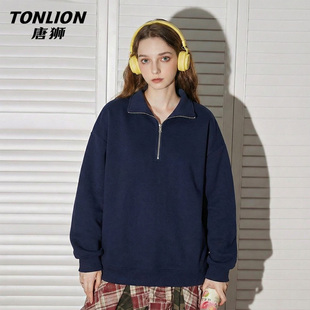 唐狮官方黑色半拉链卫衣外套女春秋款2026新款女款宽松翻领上衣VB