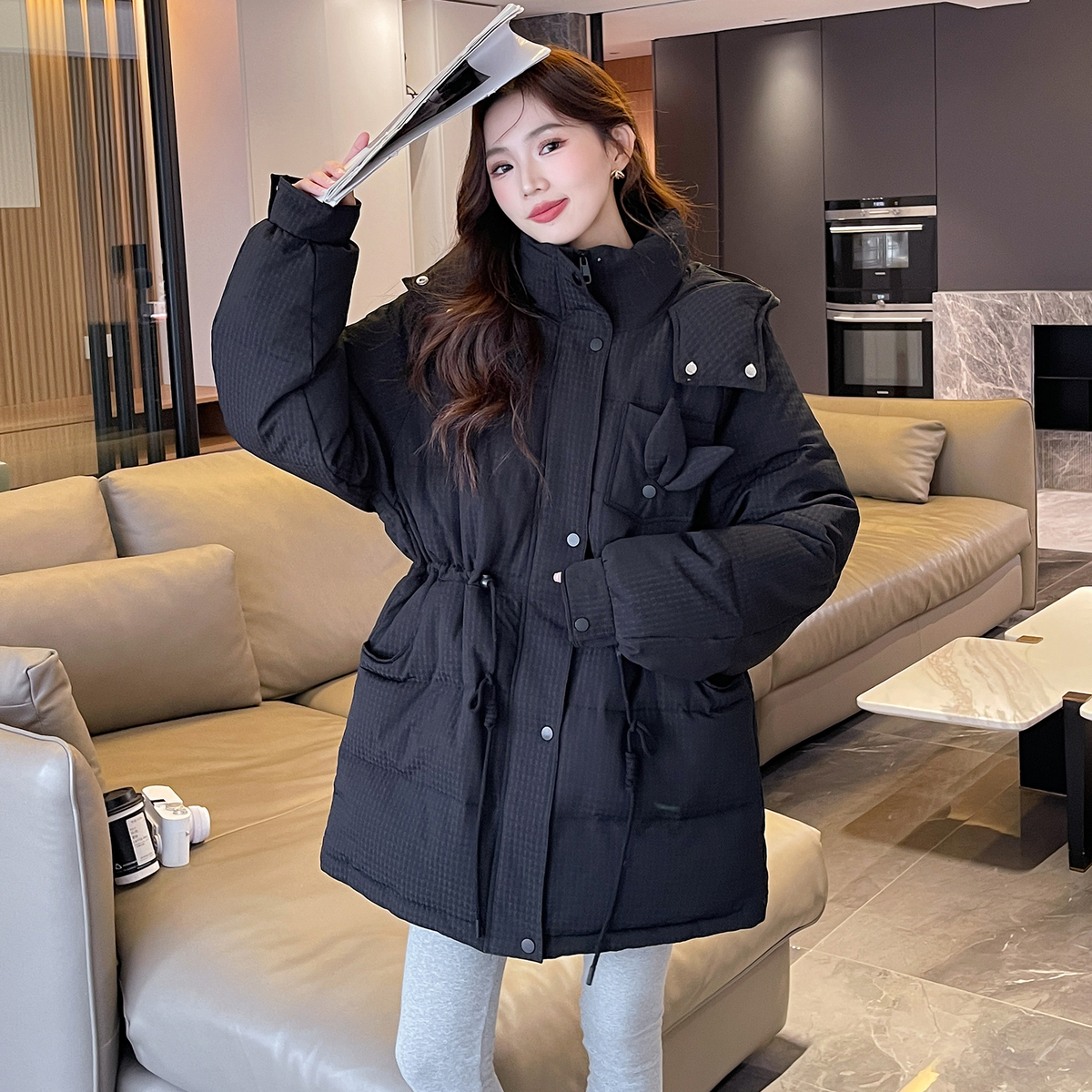 唐狮冬季新款女棉衣兔耳朵连帽可爱甜美设计感中长款棉服保暖tu