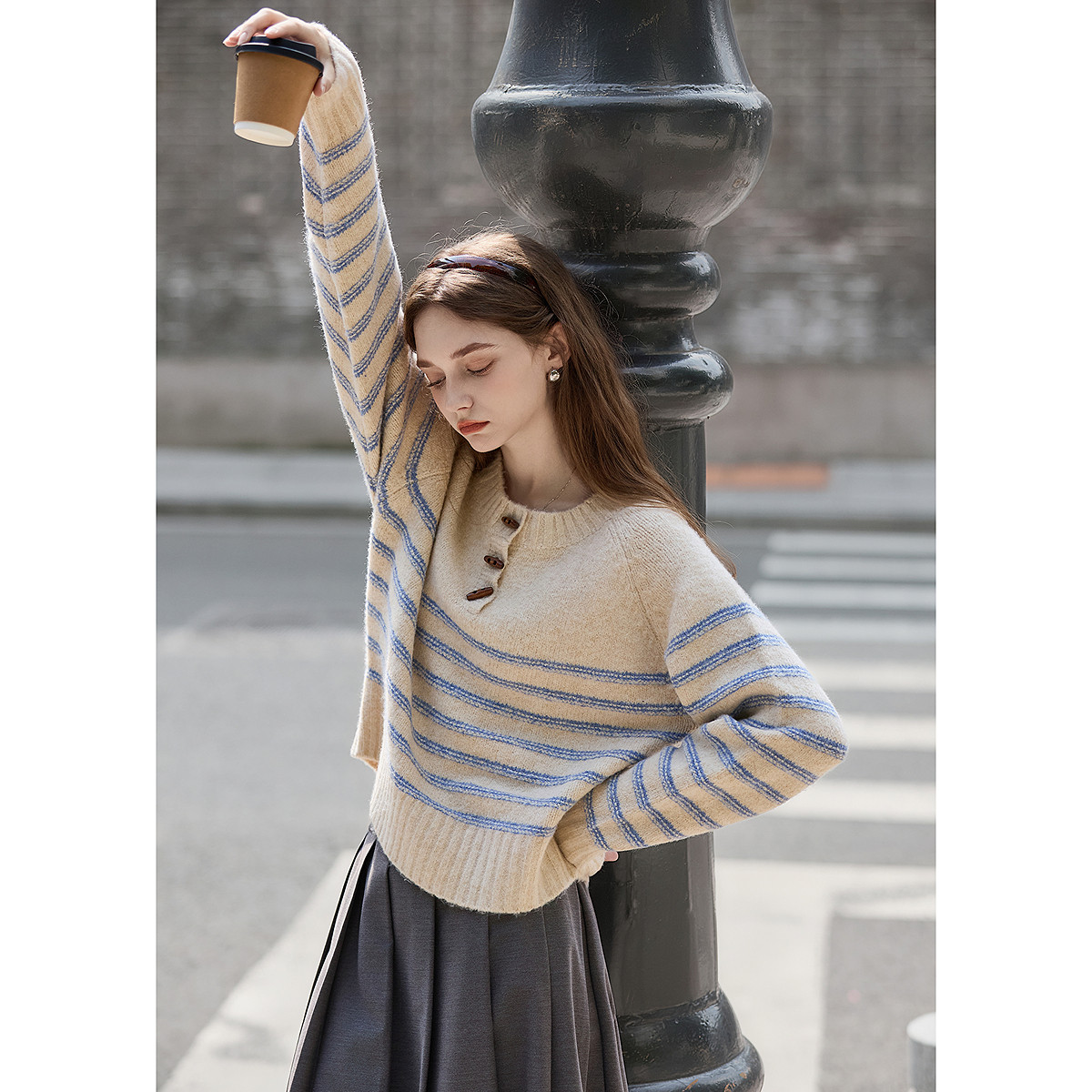 唐狮秋冬新款毛衣女半开襟条纹拼接气质韩系氛围感毛线衫TD,女装/女士精品,毛衣,淘宝优惠券,粉丝福利购,淘宝优惠卷