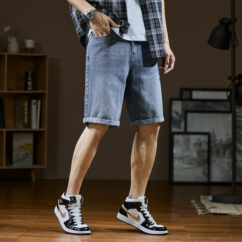 唐狮直筒韩版潮流卷边休闲短裤子浅色五分裤子夏季男士牛仔裤宽松