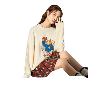 唐狮[帕丁顿熊]毛衣女士秋冬新款宽松圆领毛衫衣服软糯奶fufu毛衣