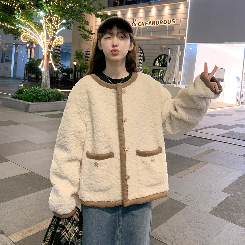 唐狮秋冬新款外套女圆领撞色短款