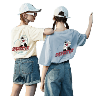 唐狮傻大猫印花短袖T恤女潮夏季休闲宽松圆领上衣设计感短袖T恤