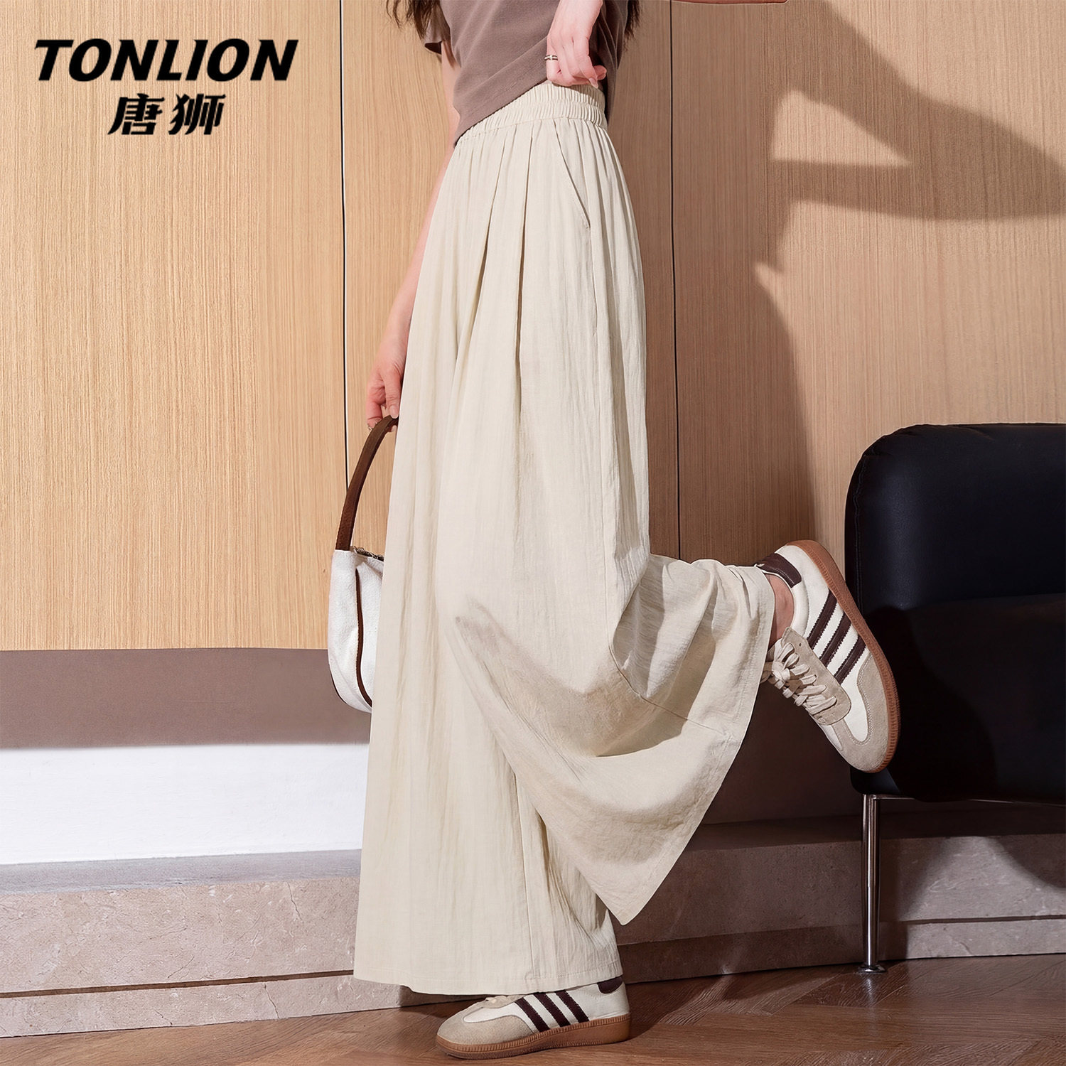 唐狮官方卡其色山本裤女2026夏季新款薄款凉感透气休闲阔腿裙裤V